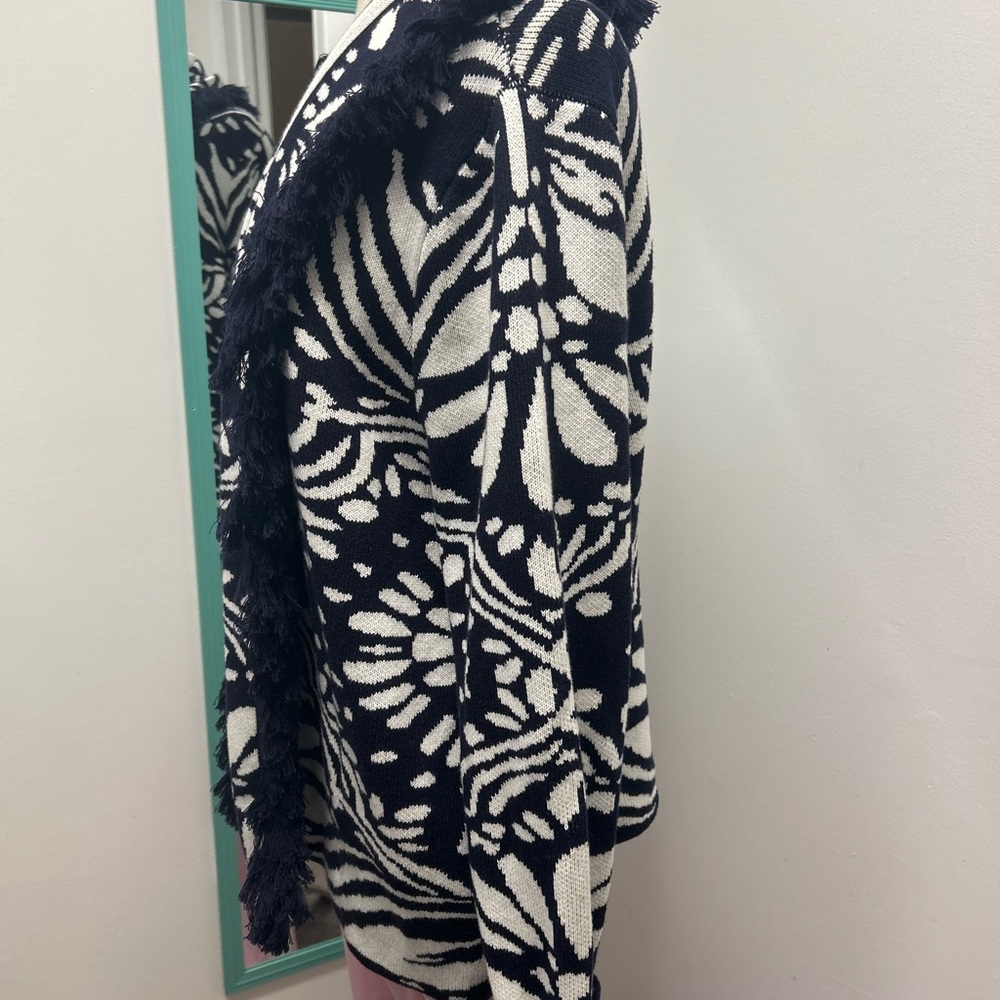 Boden Navy and White Fringed Jacquard Open Topper Cardigan - Picture 2 of 9